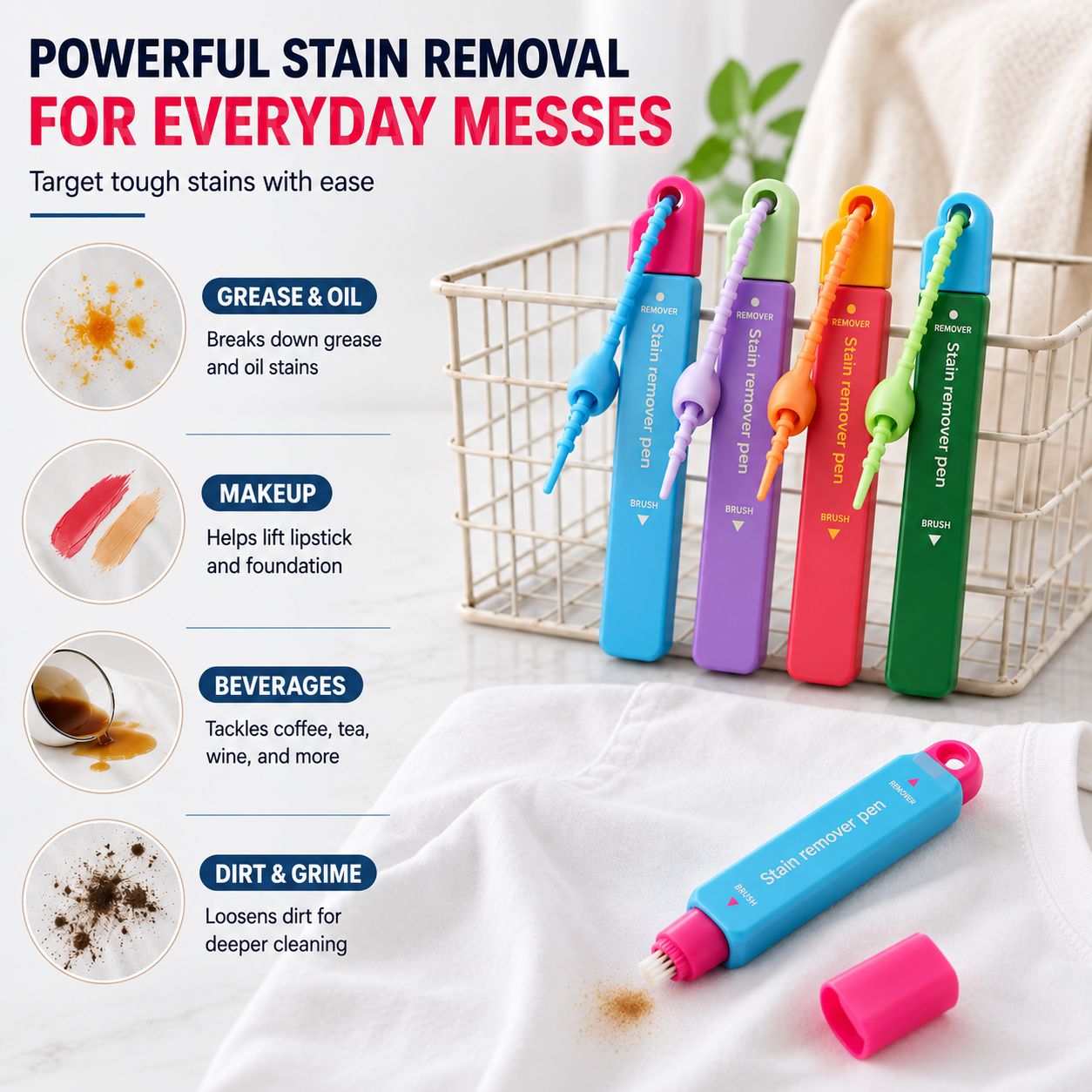 Portable Instant Stain Remover Pen for Clothes, Travel-Friendly Spot Cleaner with Built-in Brush Applicator, Quick Treatment for Coffee, Wine, Sauce, Makeup & Everyday Fabric Stains