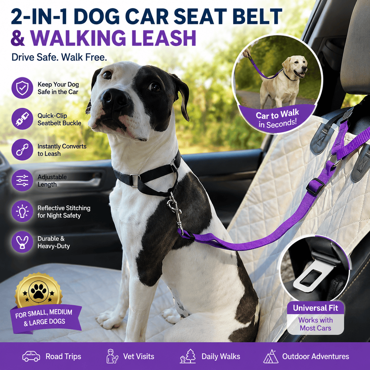 2-in-1 Dog Car Seat Belt & Walking Leash